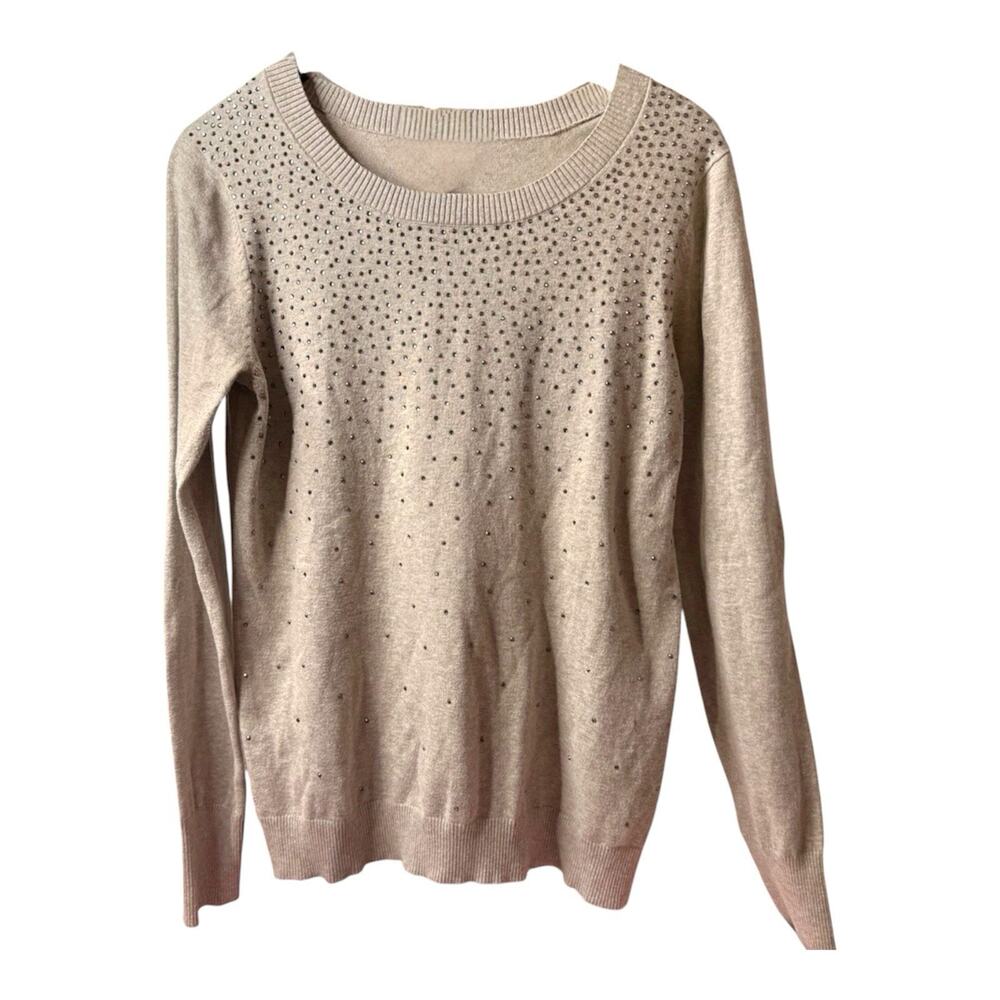 Express Womens Size L Taupe Knit Rhinestone Blouse Long Sleeve